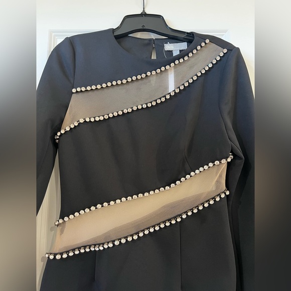 ASOS Design Black Long Sleeve Mesh and Rhinestone Bodycon dress - Picture 4 of 11